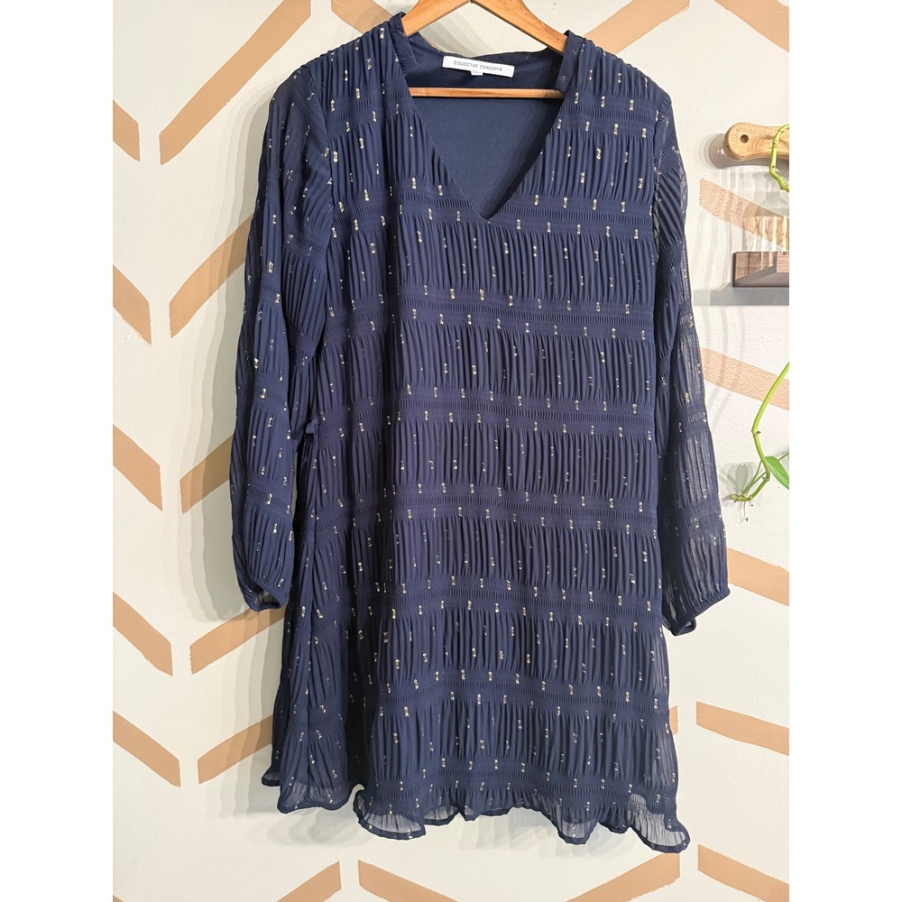 Collective Concepts Mini Dress Women MP Navy Blue Gold Foil Pleated V-Neck Boho